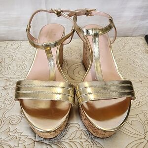 Kate Spade Tallin Gold Metallic Cork Platform Wedge Strap Sandals Size 9.5